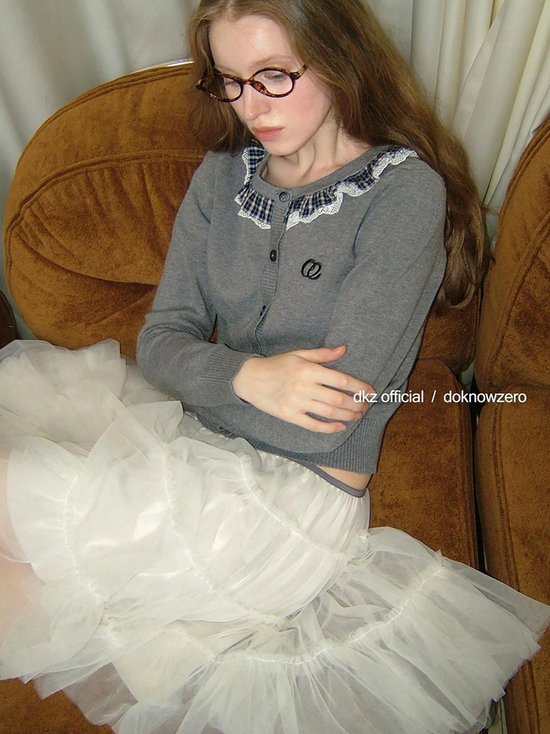 DKZ OFFICIAL Gray Check Lace Trim Knit Cardigan