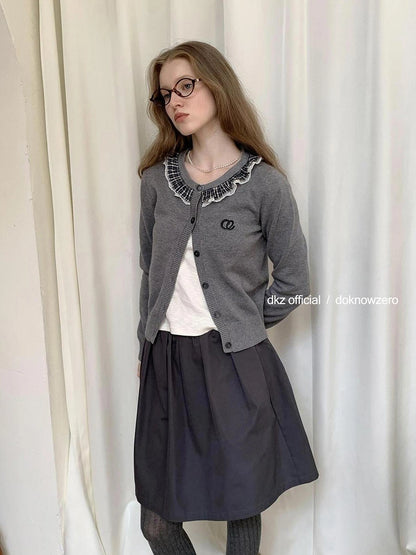 DKZ OFFICIAL Gray Check Lace Trim Knit Cardigan