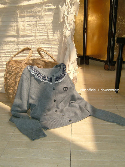 DKZ OFFICIAL Gray Check Lace Trim Knit Cardigan