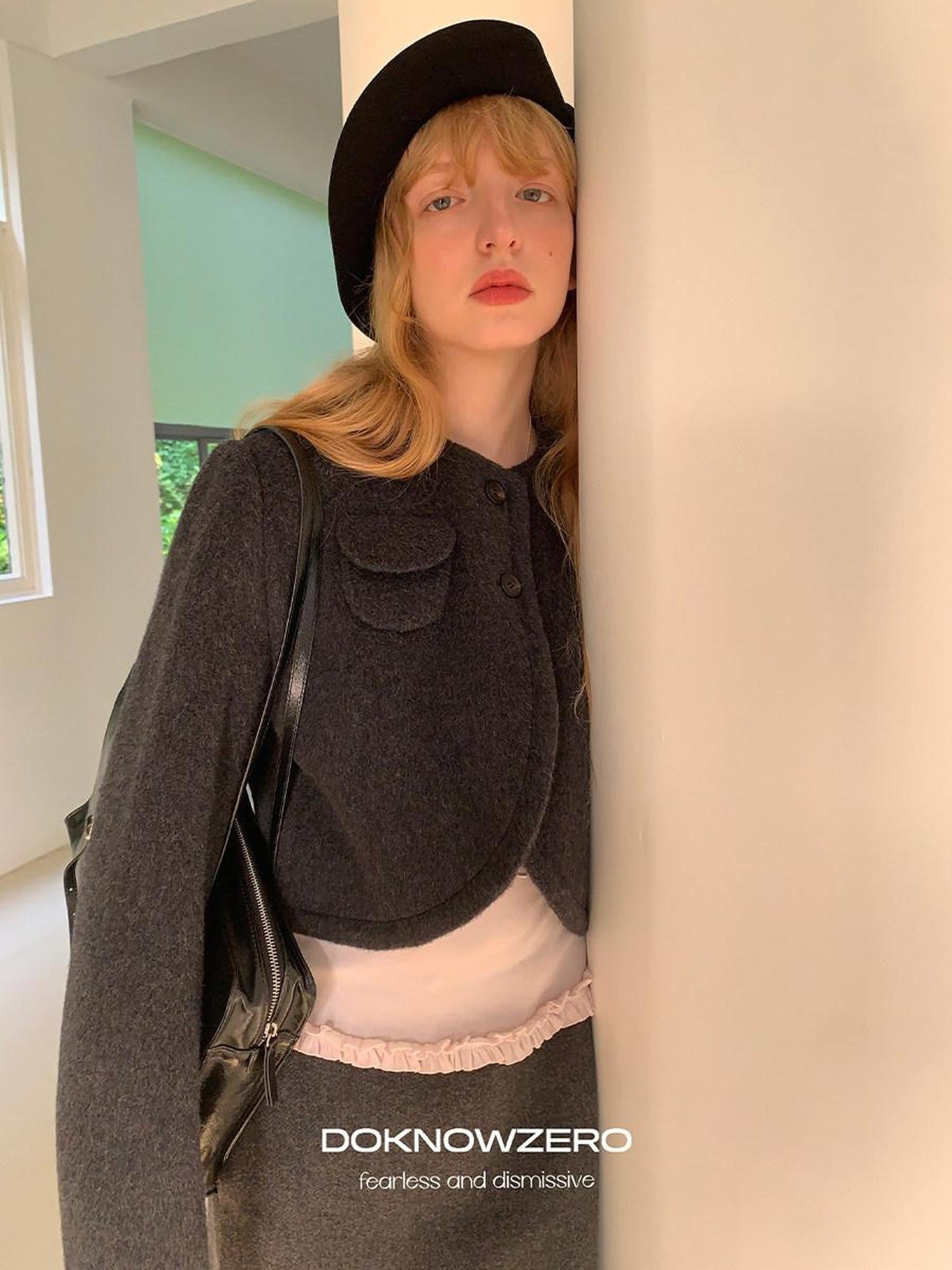 DKZ OFFICIAL Gray Double Faced Single Breasted Round Neck Women&