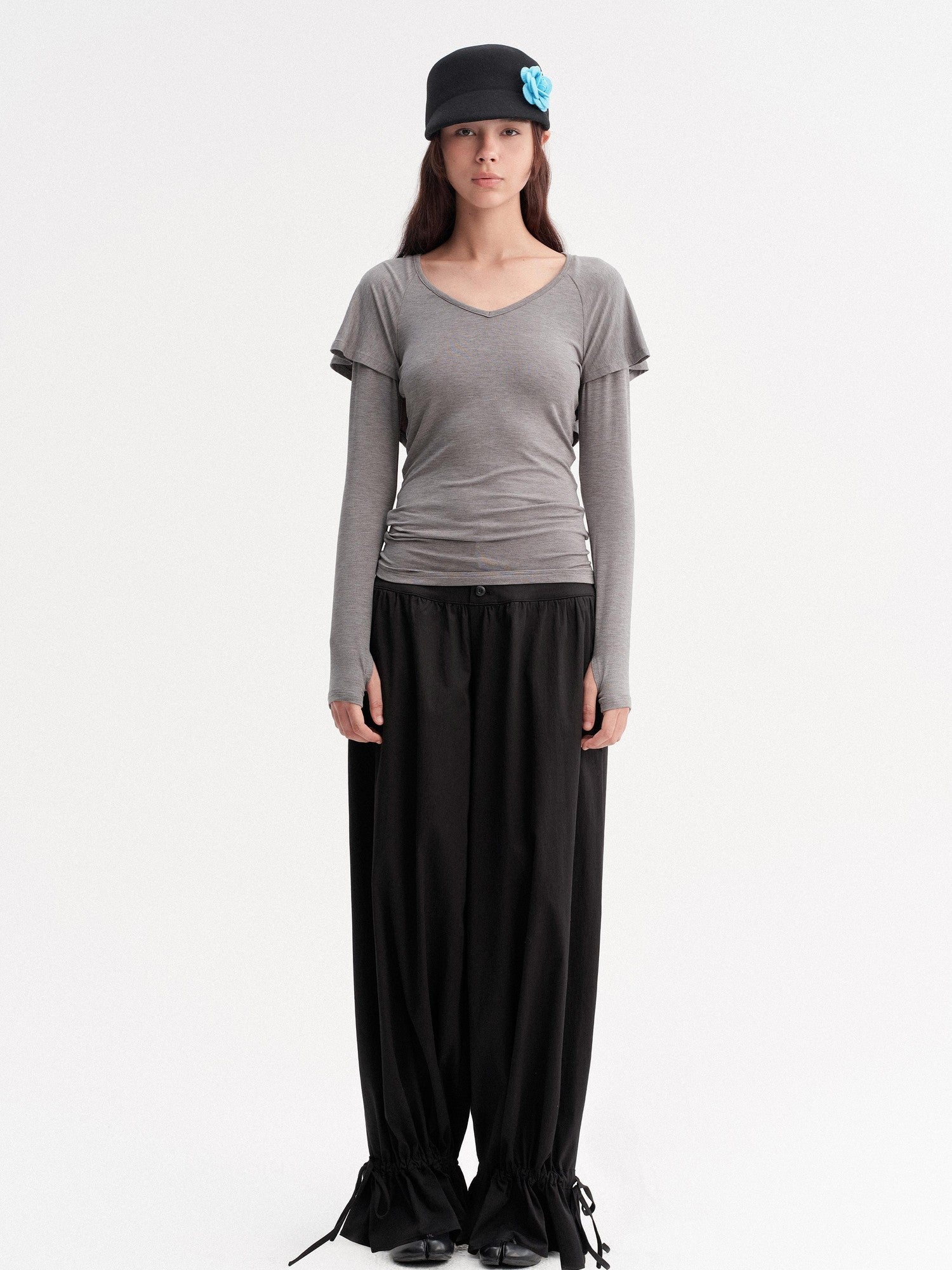 DKZ OFFICIAL Gray Faux Layered Cape Splice V-neck Women&