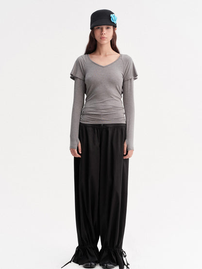 DKZ OFFICIAL Gray Faux Layered Cape Splice V-neck Women&
