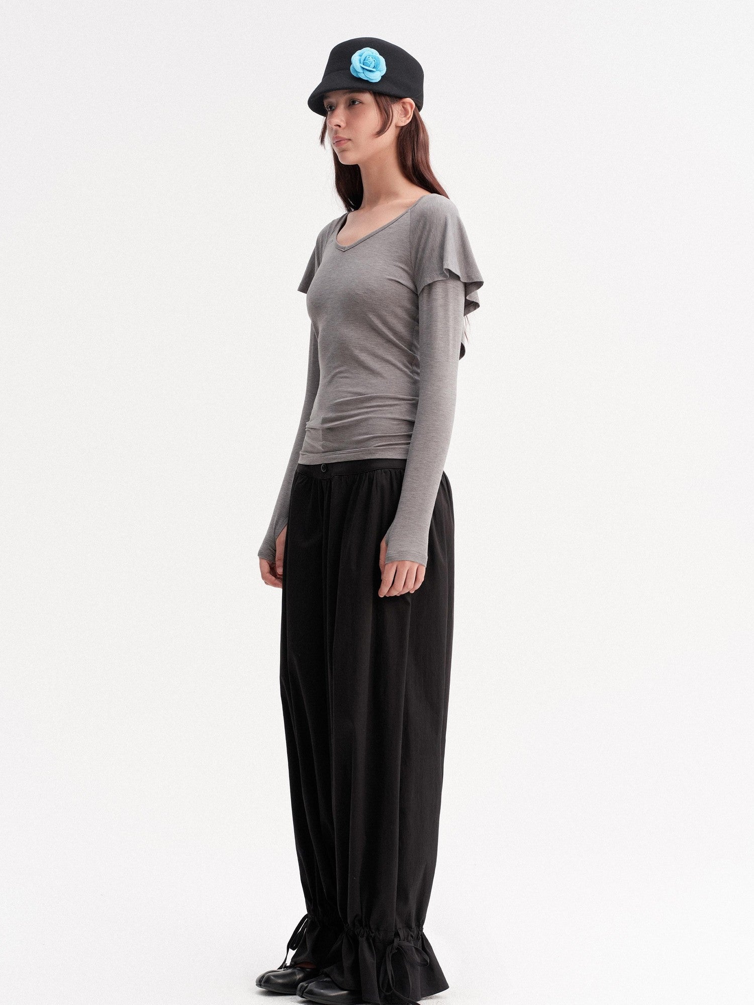 DKZ OFFICIAL Gray Faux Layered Cape Splice V-neck Women&
