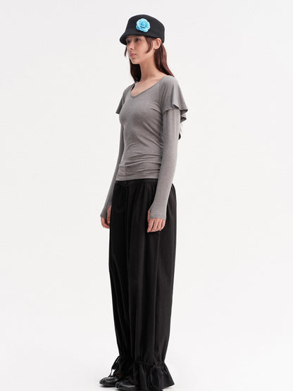 DKZ OFFICIAL Gray Faux Layered Cape Splice V-neck Women&