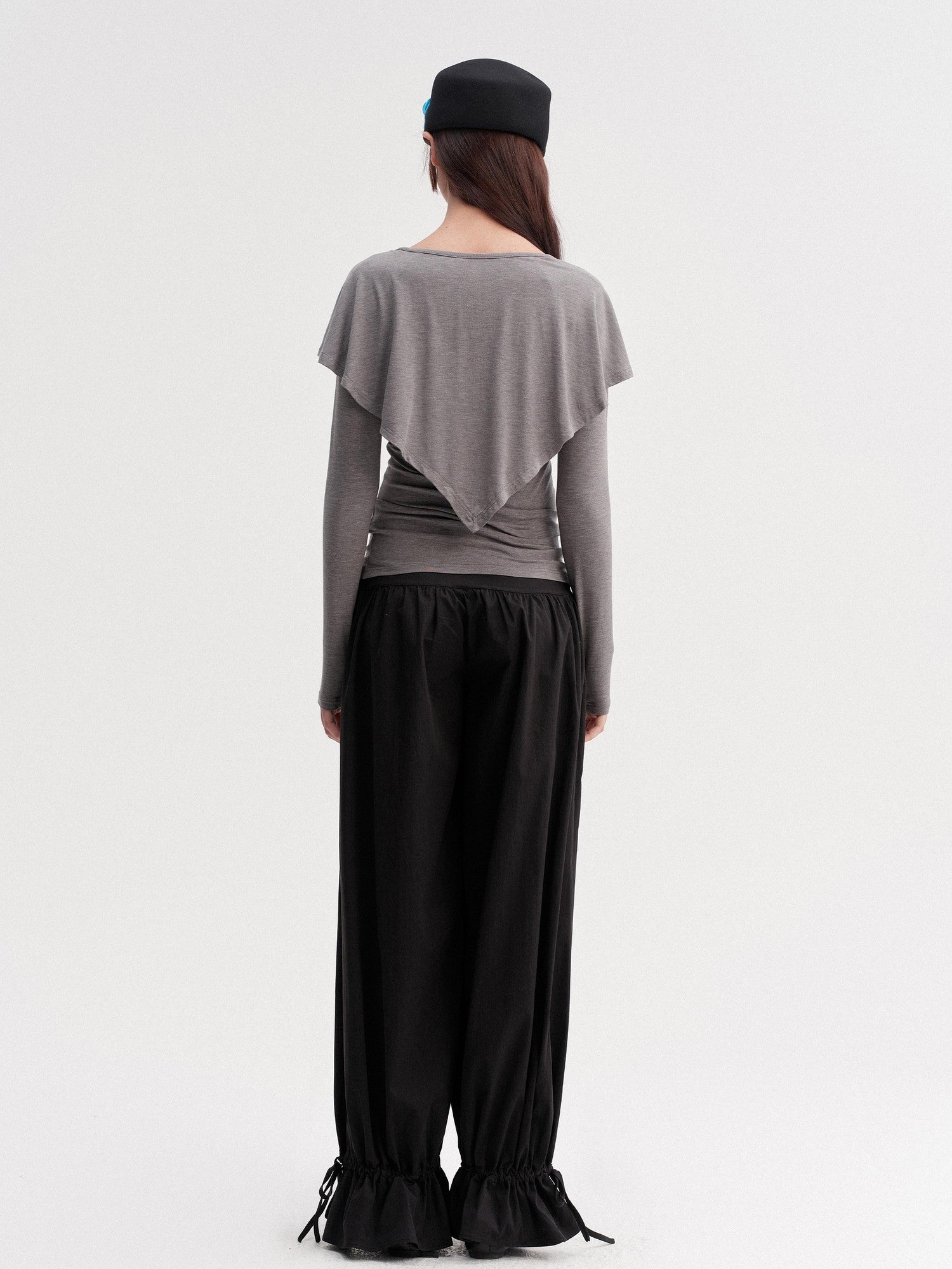 DKZ OFFICIAL Gray Faux Layered Cape Splice V-neck Women&