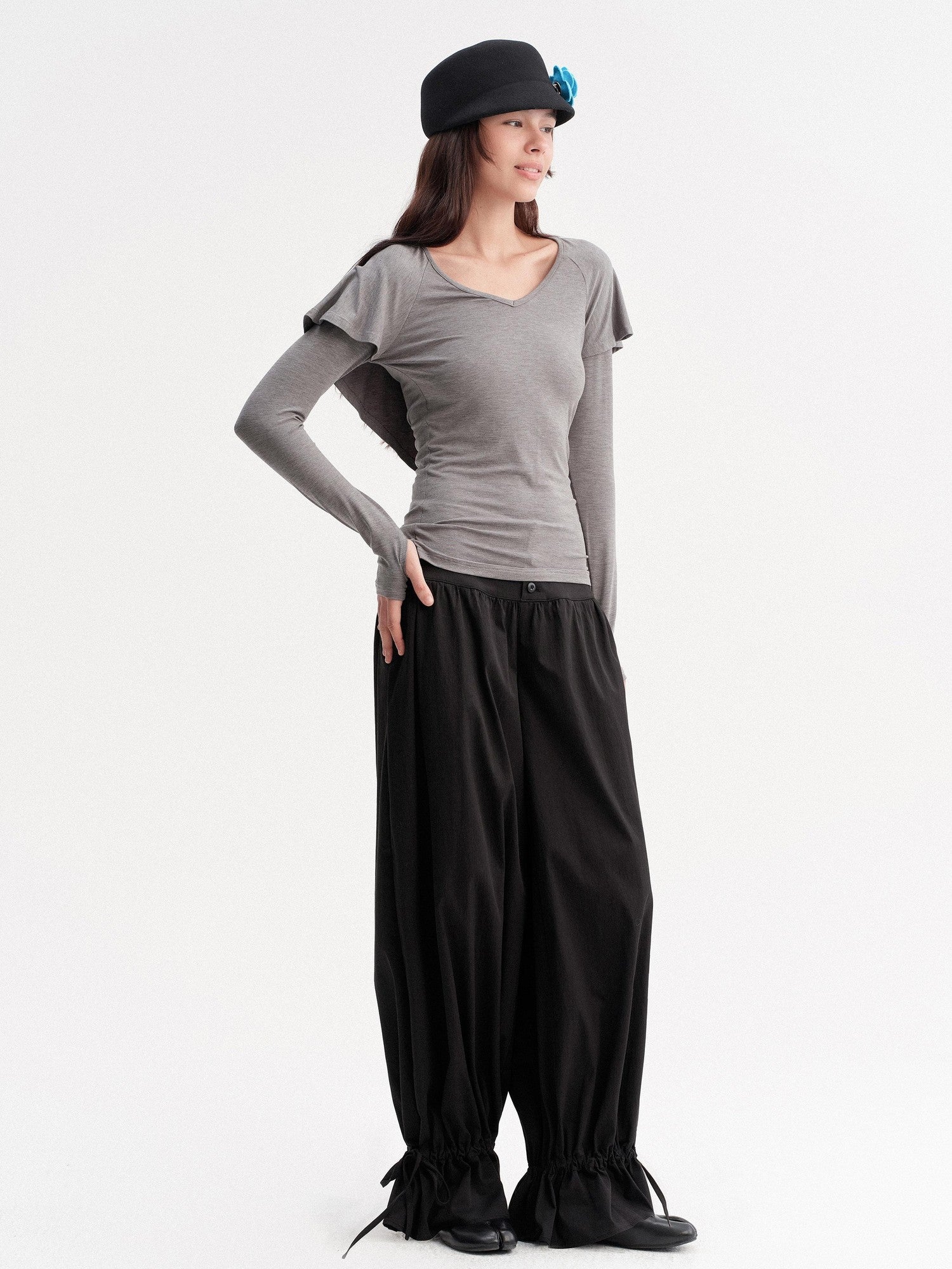 DKZ OFFICIAL Gray Faux Layered Cape Splice V-neck Women&
