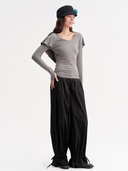 DKZ OFFICIAL Gray Faux Layered Cape Splice V-neck Women&
