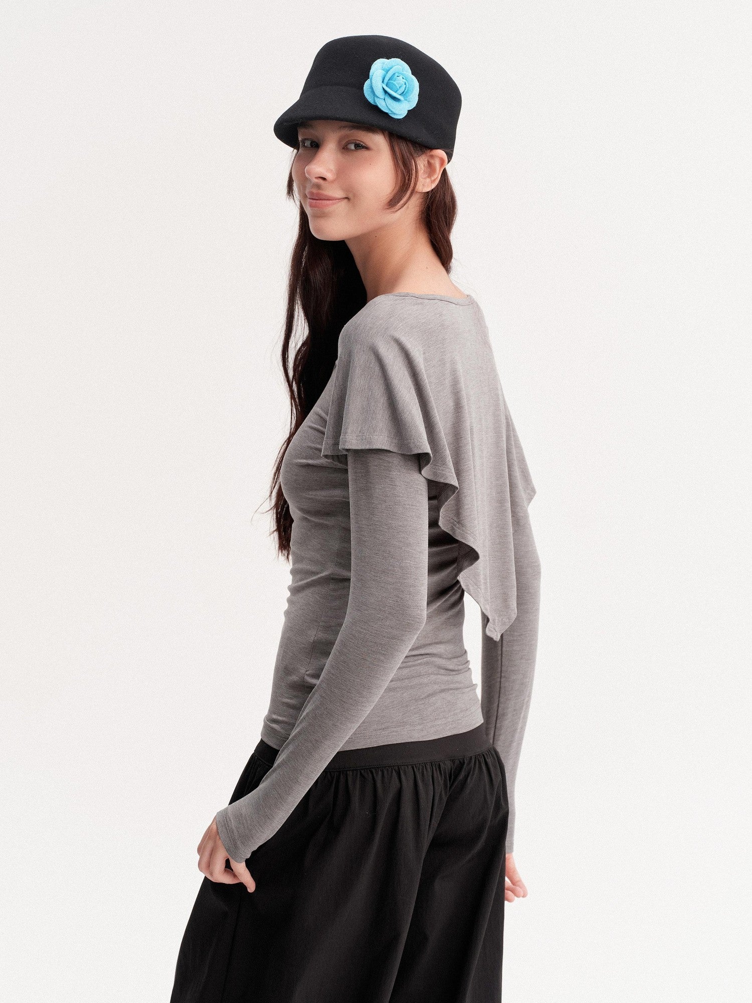 DKZ OFFICIAL Gray Faux Layered Cape Splice V-neck Women&