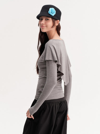 DKZ OFFICIAL Gray Faux Layered Cape Splice V-neck Women&