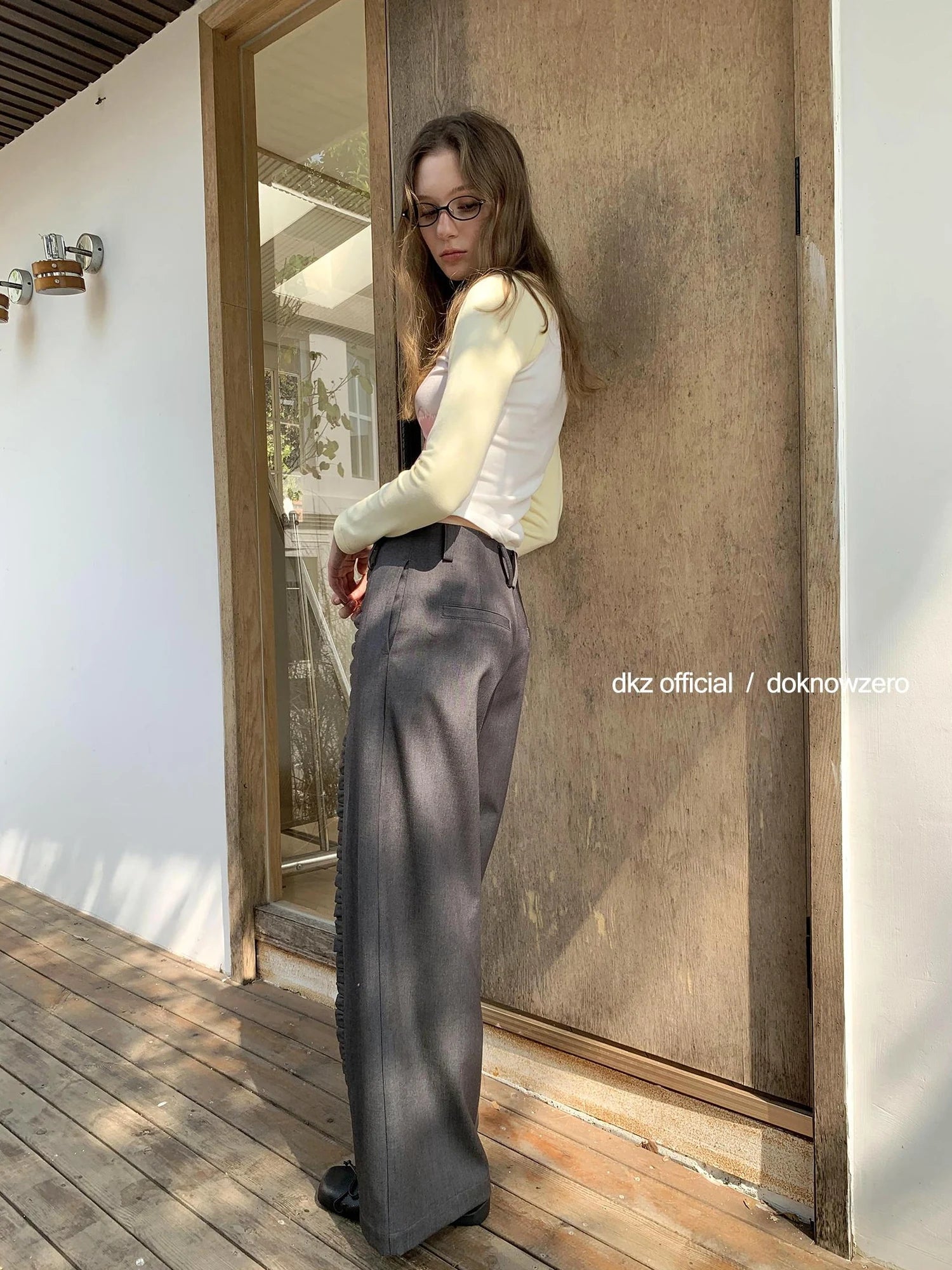 DKZ OFFICIAL Gray Flared Trousers With Lace Trim And Contrast Panels