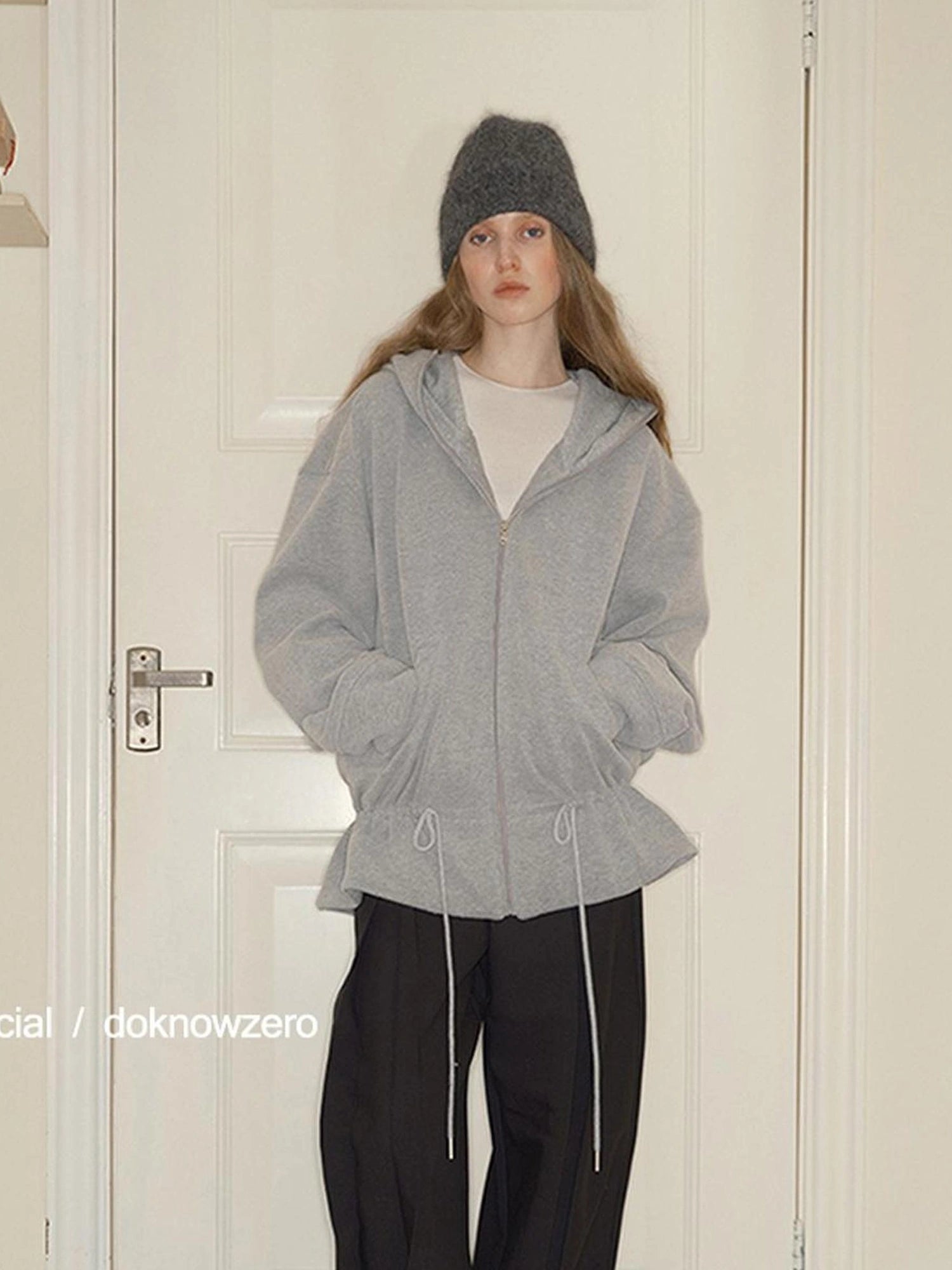 DKZ OFFICIAL Gray Fleece Hooded Cardigan With Drawstring Hem