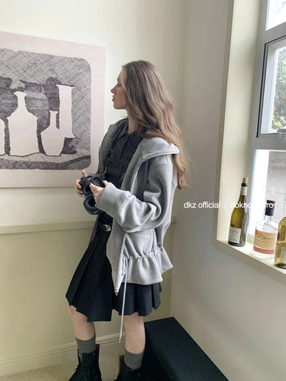 DKZ OFFICIAL Gray Fleece Hooded Cardigan With Drawstring Hem