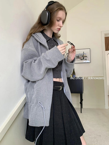 DKZ OFFICIAL Gray Fleece Hooded Cardigan With Drawstring Hem