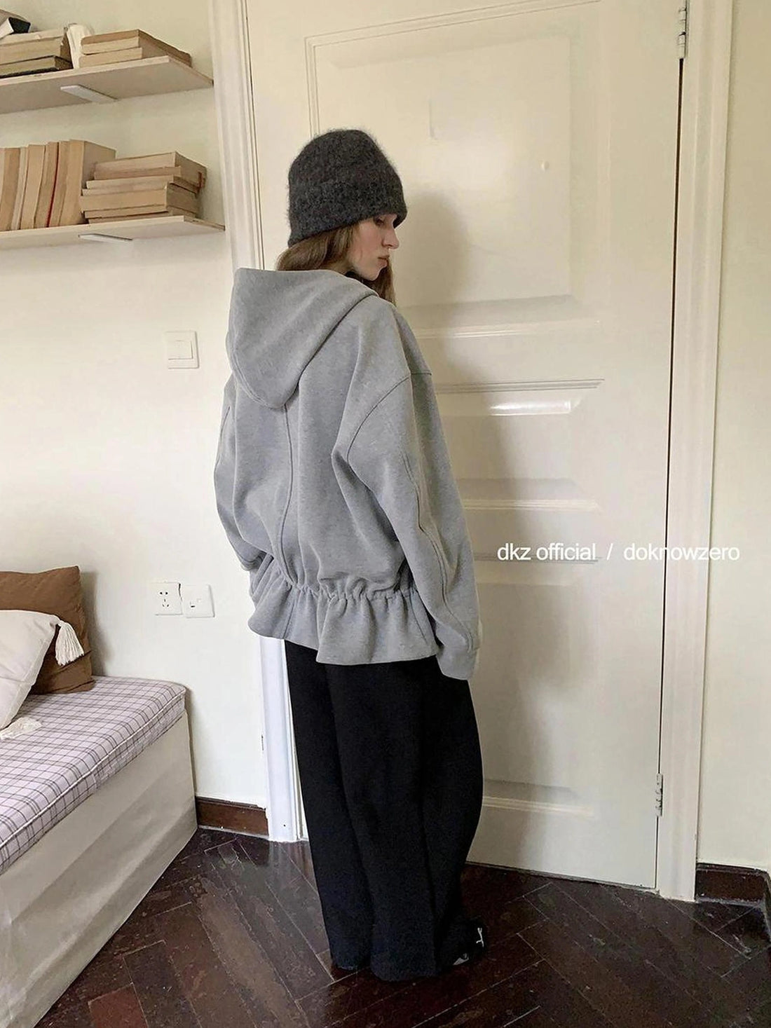 DKZ OFFICIAL Gray Fleece Hooded Cardigan With Drawstring Hem
