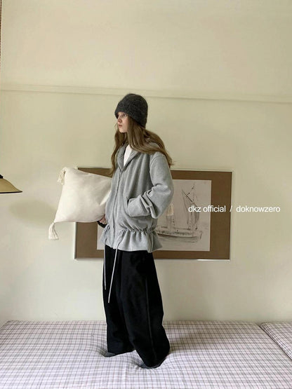 DKZ OFFICIAL Gray Fleece Hooded Cardigan With Drawstring Hem
