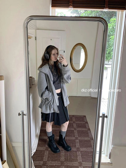 DKZ OFFICIAL Gray Fleece Hooded Cardigan With Drawstring Hem