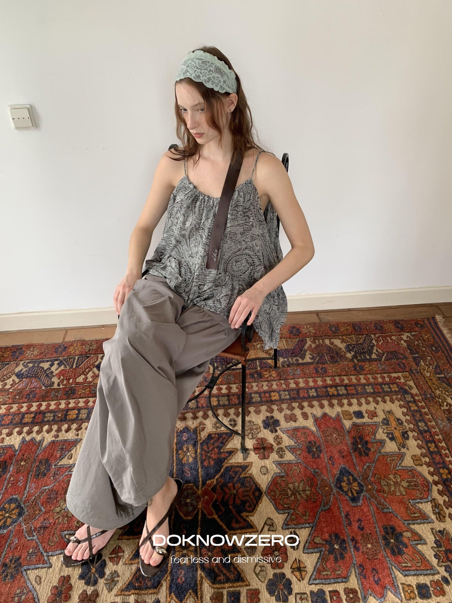 DKZ OFFICIAL Gray Floral Print Asymmetric Drawstring Women&