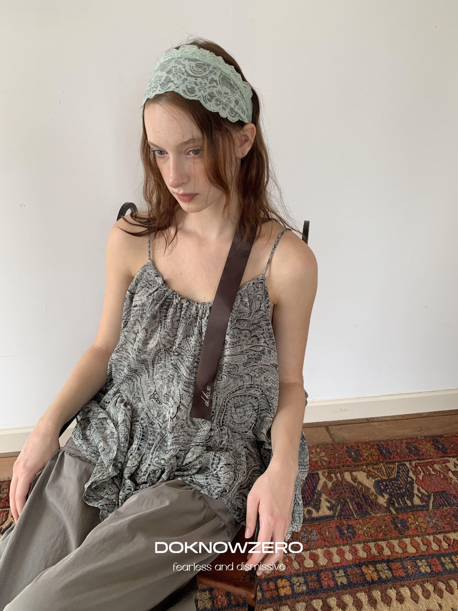 DKZ OFFICIAL Gray Floral Print Asymmetric Drawstring Women&
