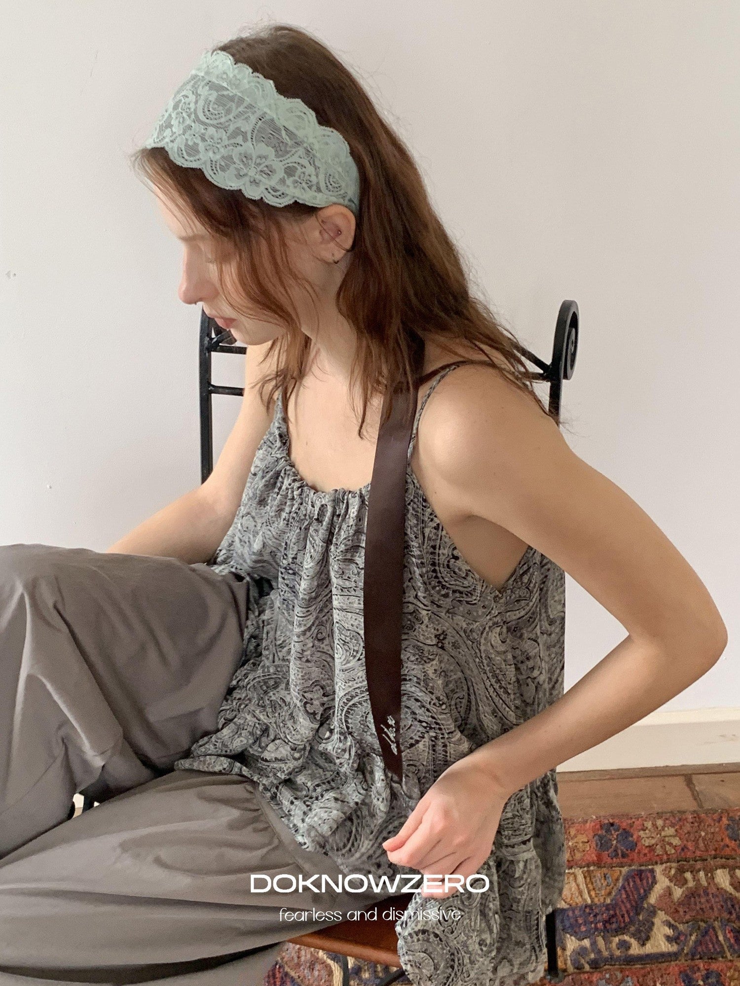 DKZ OFFICIAL Gray Floral Print Asymmetric Drawstring Women&