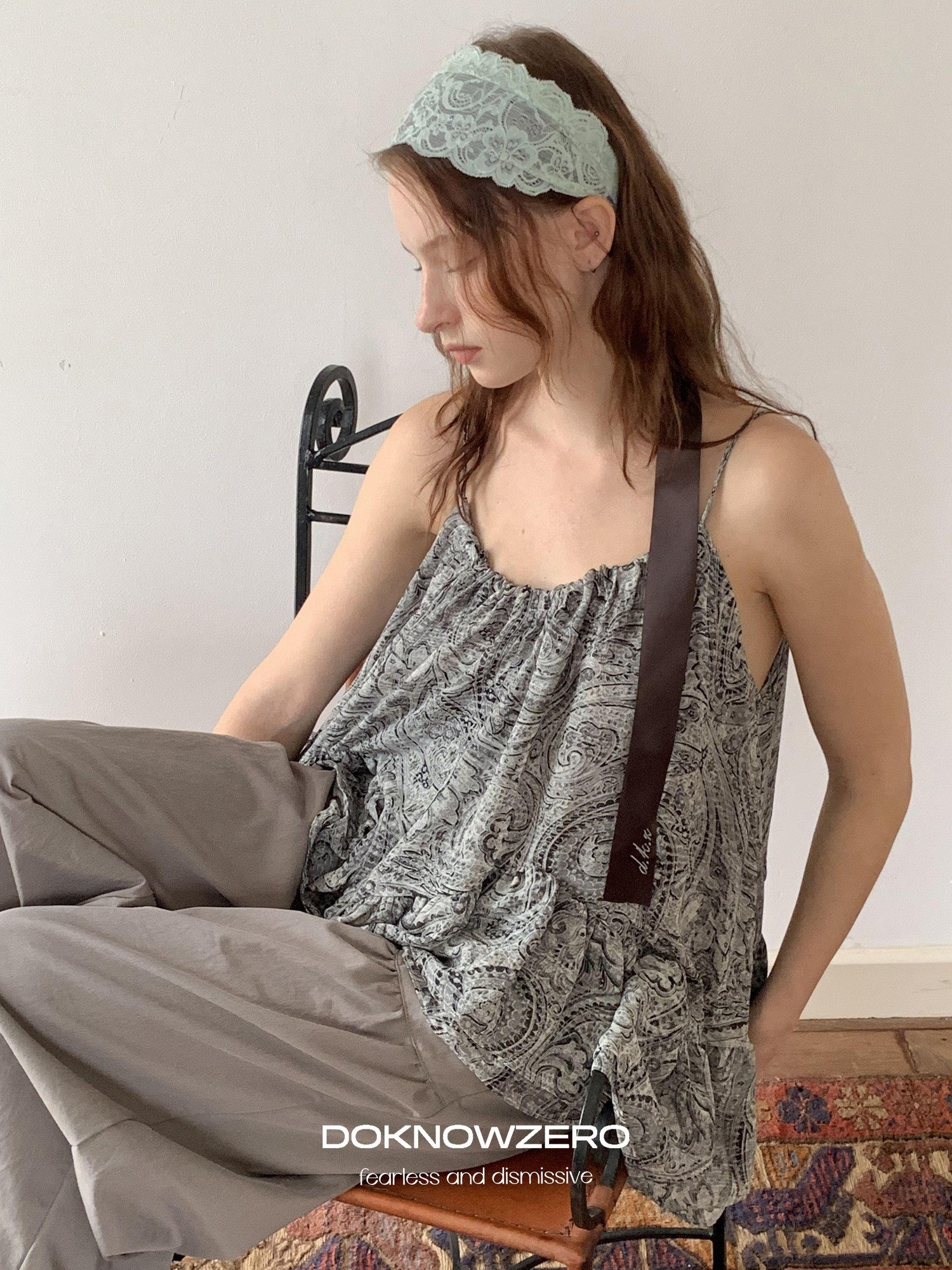 DKZ OFFICIAL Gray Floral Print Asymmetric Drawstring Women&