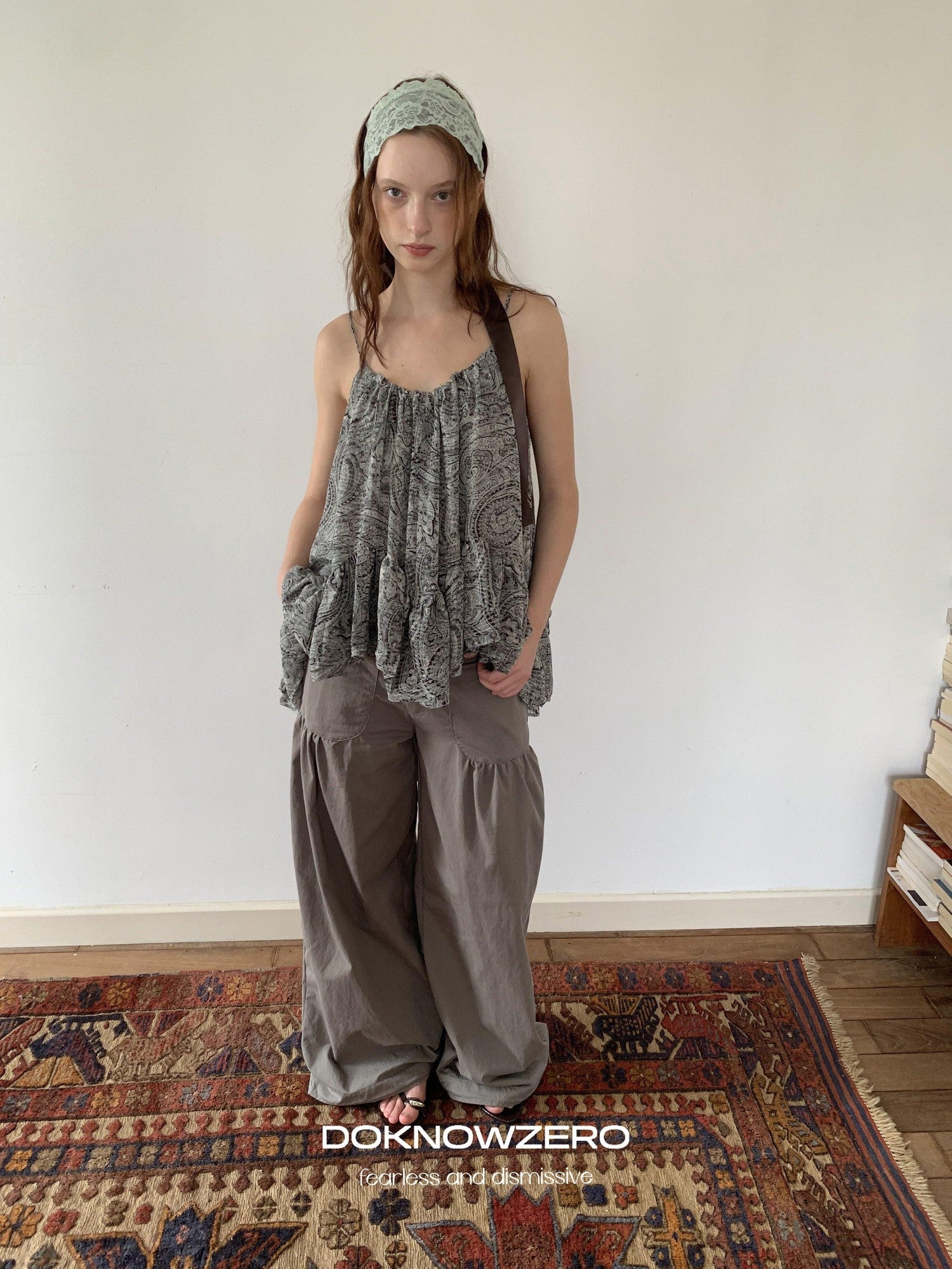 DKZ OFFICIAL Gray Floral Print Asymmetric Drawstring Women&