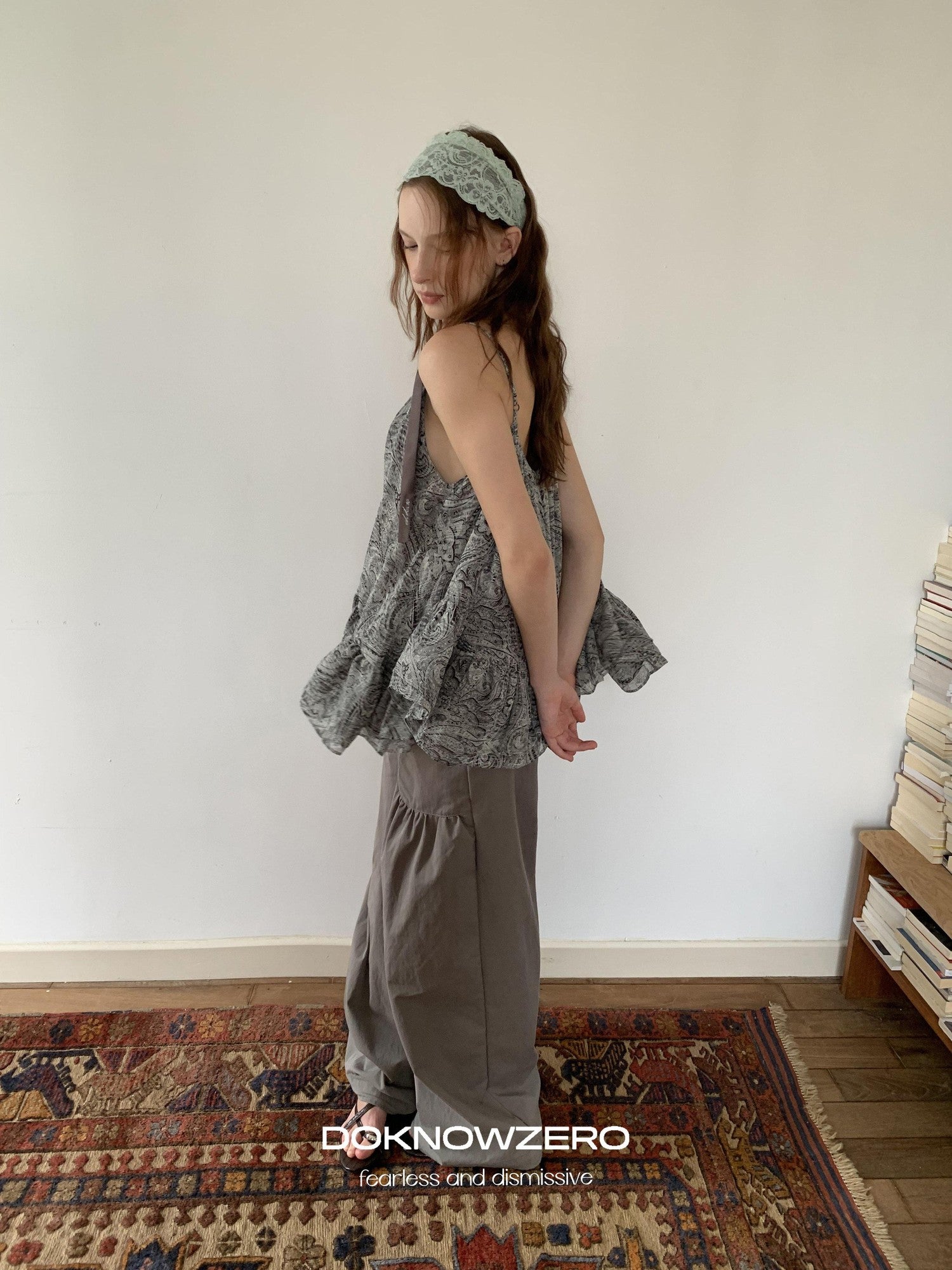 DKZ OFFICIAL Gray Floral Print Asymmetric Drawstring Women&