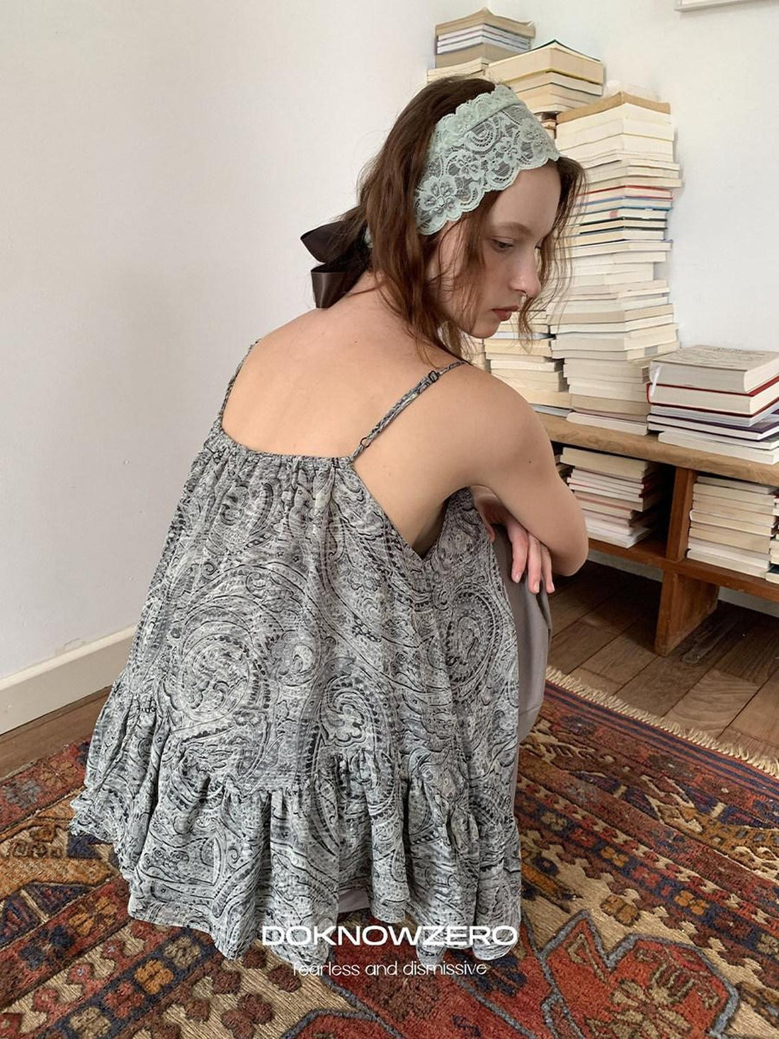 DKZ OFFICIAL Gray Floral Print Asymmetric Drawstring Women&