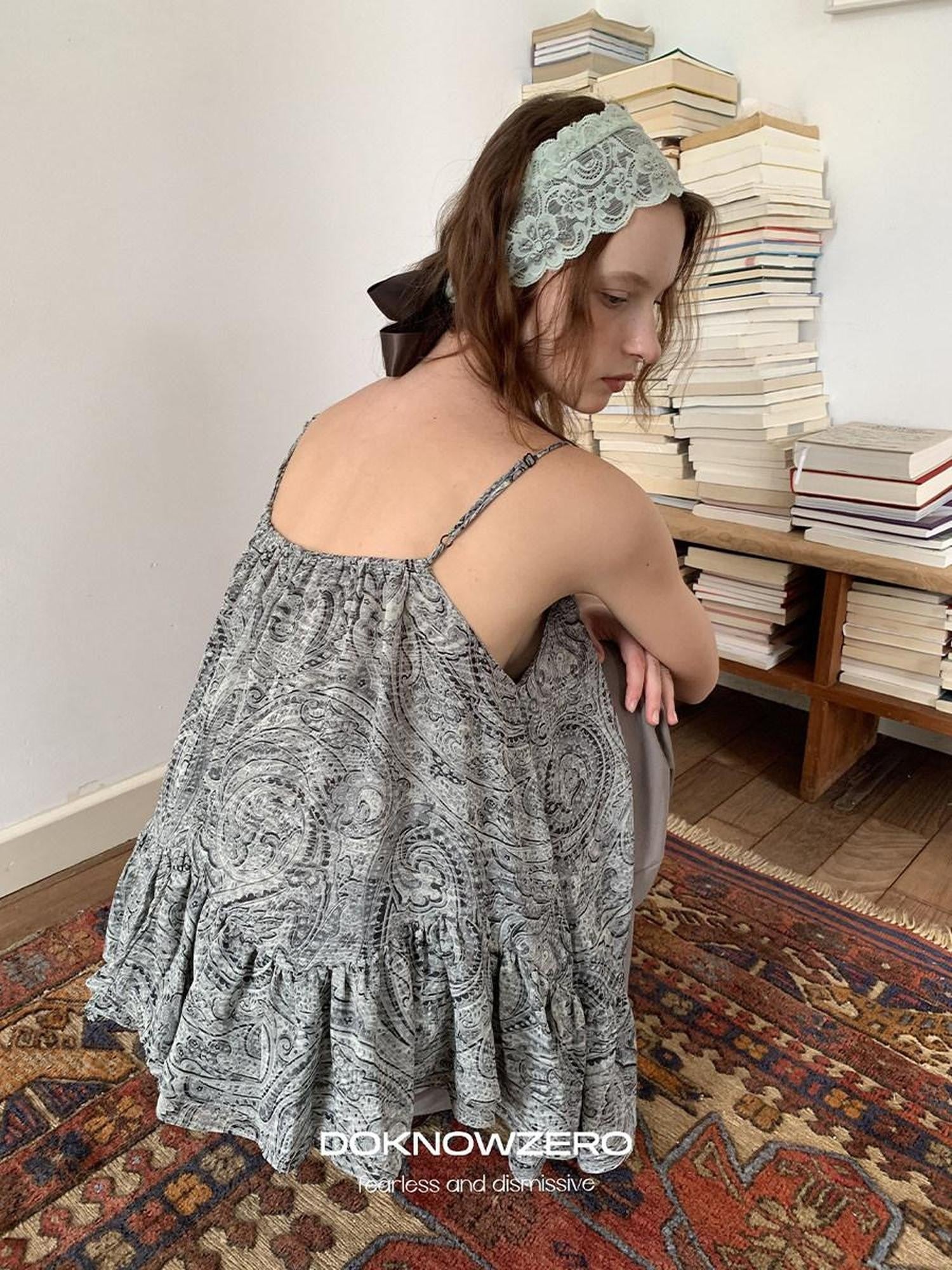 DKZ OFFICIAL Gray Floral Print Asymmetric Drawstring Women&