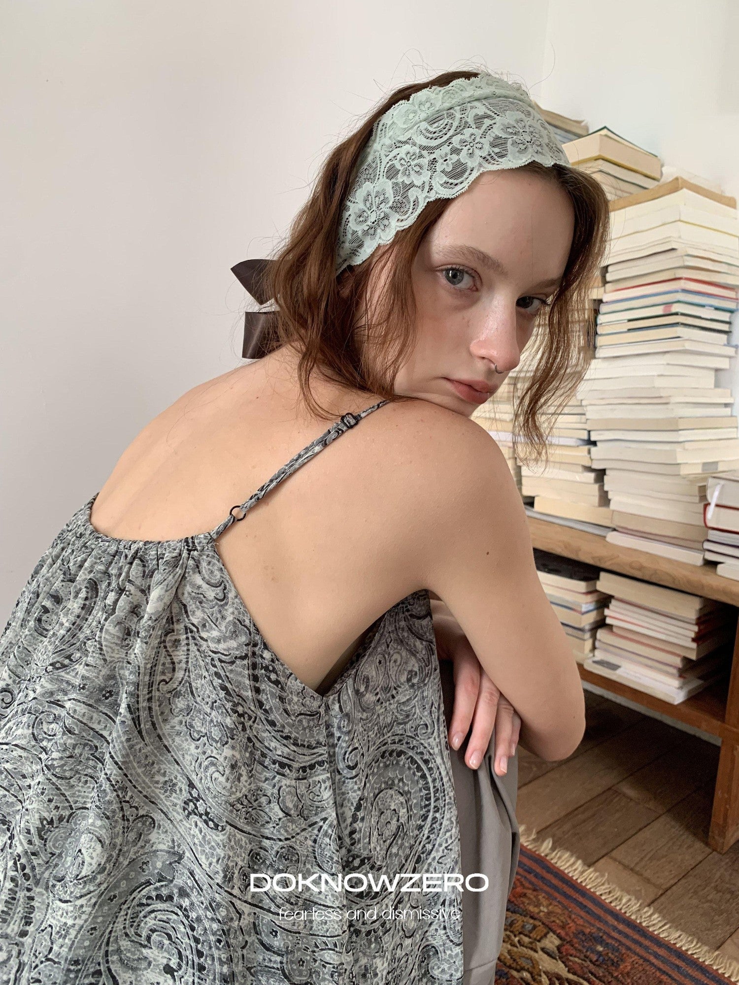 DKZ OFFICIAL Gray Floral Print Asymmetric Drawstring Women&