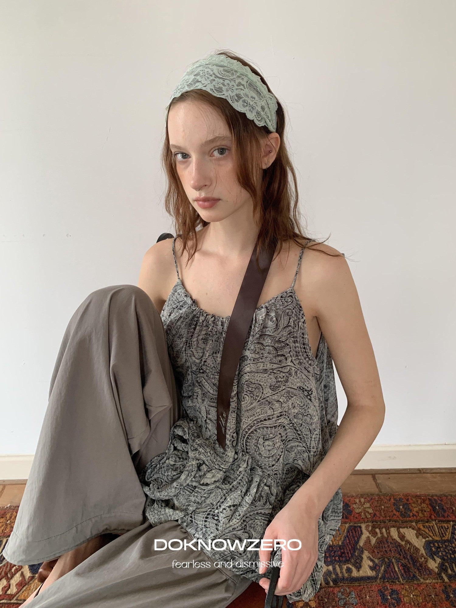 DKZ OFFICIAL Gray Floral Print Asymmetric Drawstring Women&