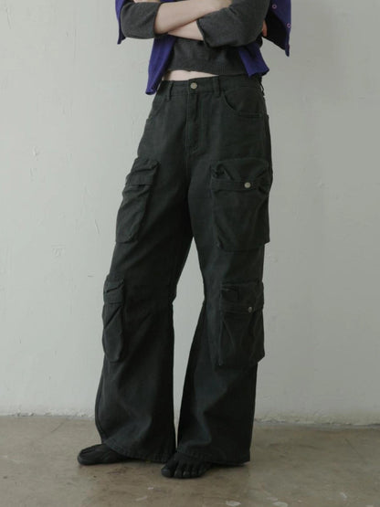DKZ OFFICIAL Gray Multi Pocket Cargo Pants For Women Loose Fit Retro Long Pants