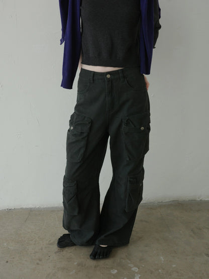 DKZ OFFICIAL Gray Multi Pocket Cargo Pants For Women Loose Fit Retro Long Pants