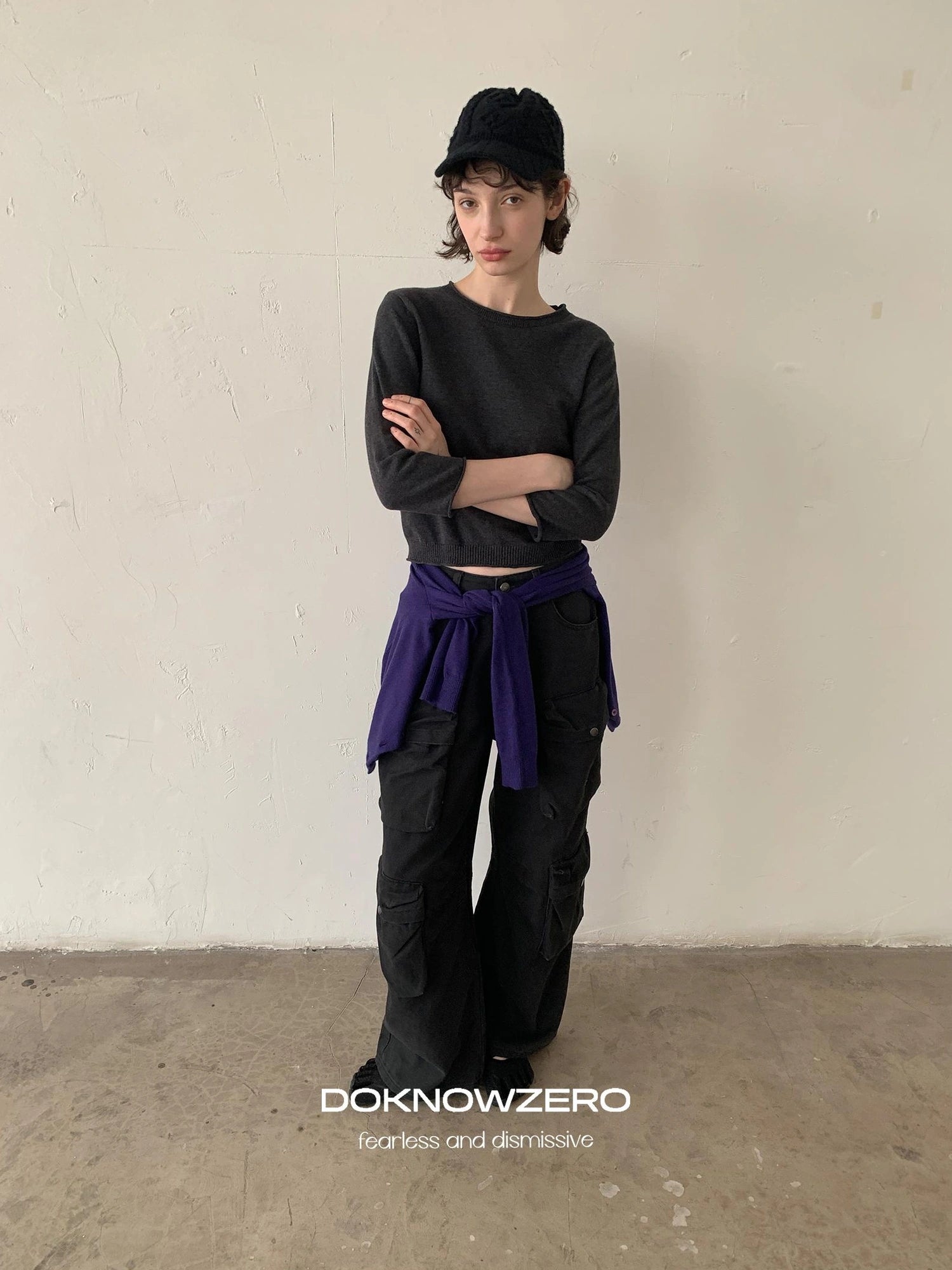 DKZ OFFICIAL Gray Multi Pocket Cargo Pants For Women Loose Fit Retro Long Pants
