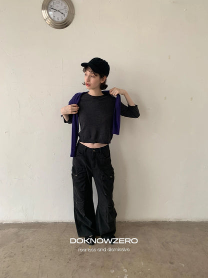 DKZ OFFICIAL Gray Multi Pocket Cargo Pants For Women Loose Fit Retro Long Pants