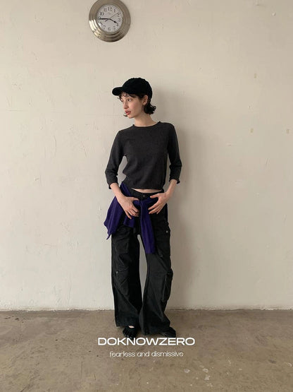 DKZ OFFICIAL Gray Multi Pocket Cargo Pants For Women Loose Fit Retro Long Pants