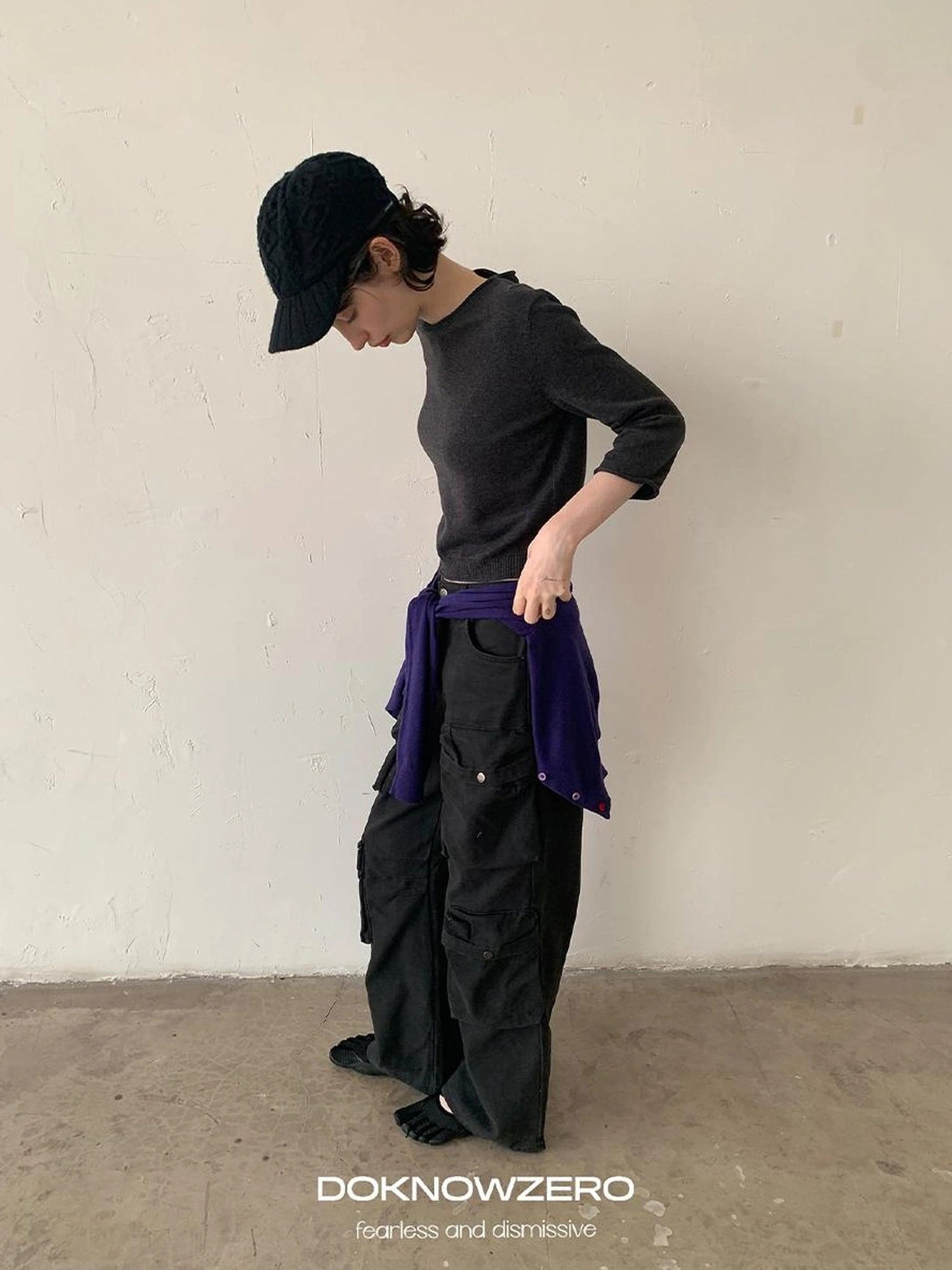DKZ OFFICIAL Gray Multi Pocket Cargo Pants For Women Loose Fit Retro Long Pants