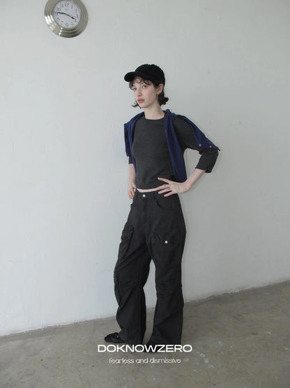 DKZ OFFICIAL Gray Multi Pocket Cargo Pants For Women Loose Fit Retro Long Pants