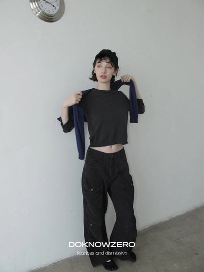 DKZ OFFICIAL Gray Multi Pocket Cargo Pants For Women Loose Fit Retro Long Pants
