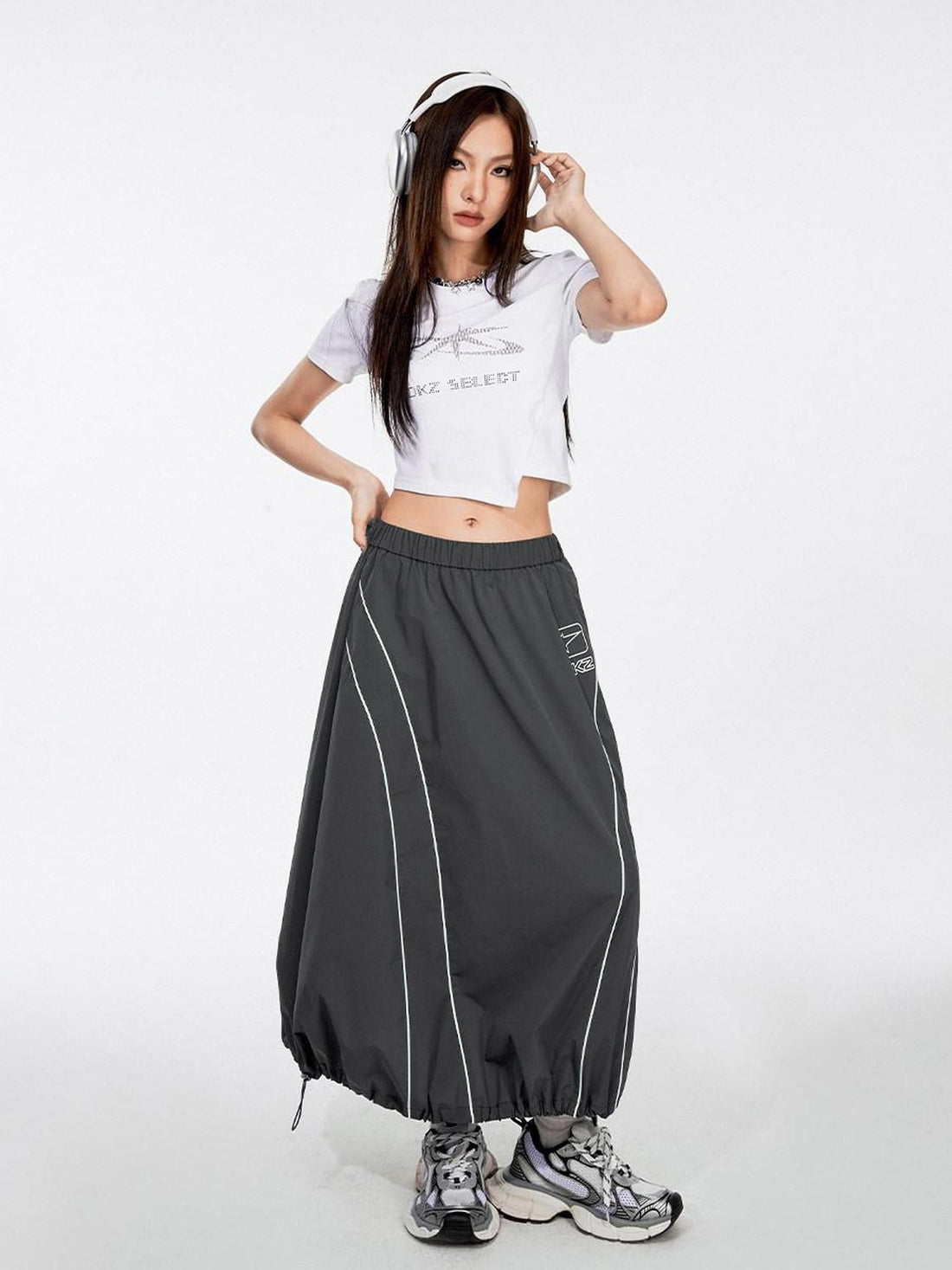 DKZ OFFICIAL Gray Number Print Logo Print Drawstring Hem A Line Women&