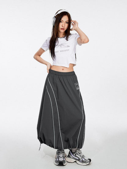 DKZ OFFICIAL Gray Number Print Logo Print Drawstring Hem A Line Women&