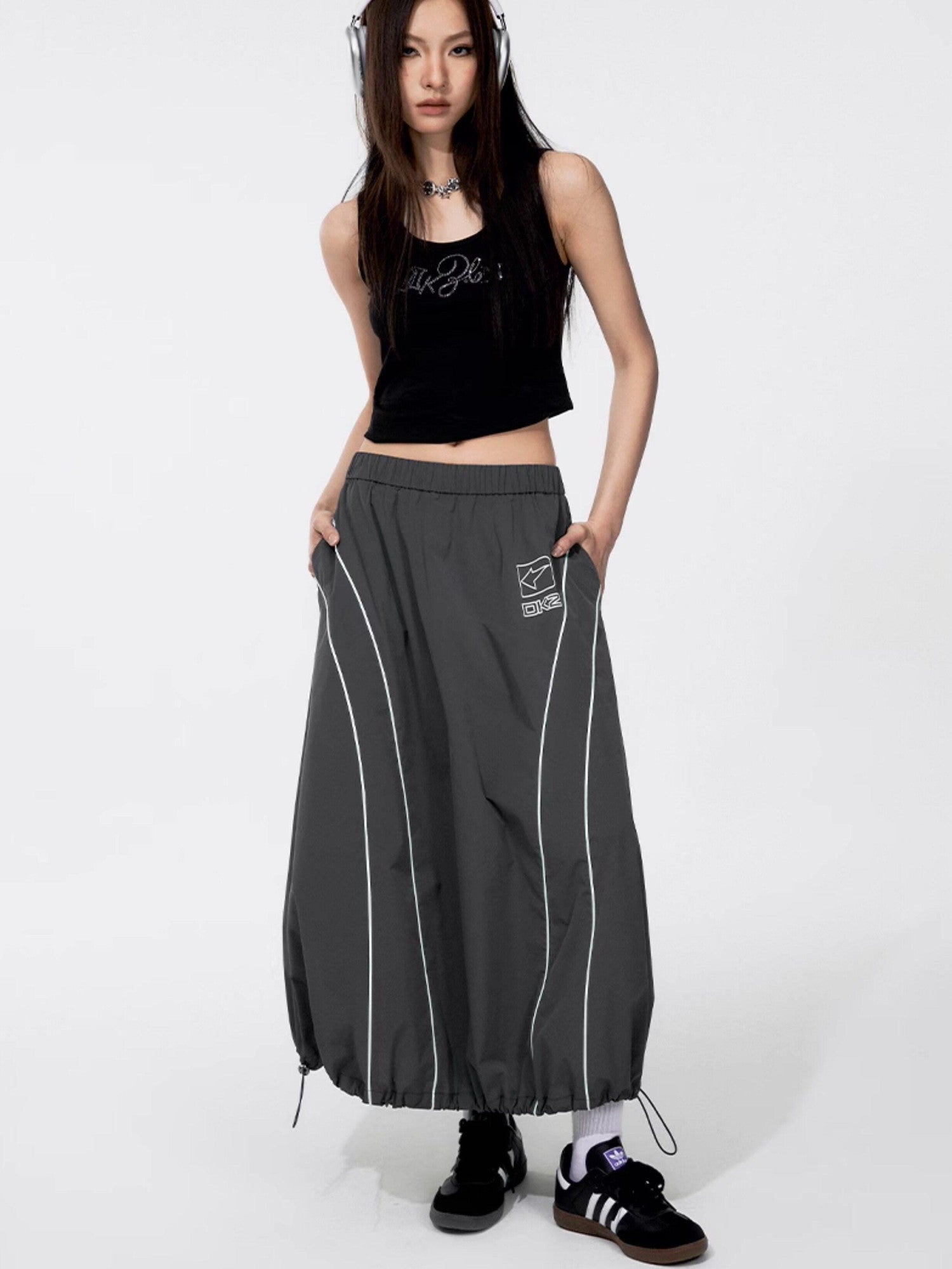 DKZ OFFICIAL Gray Number Print Logo Print Drawstring Hem A Line Women&