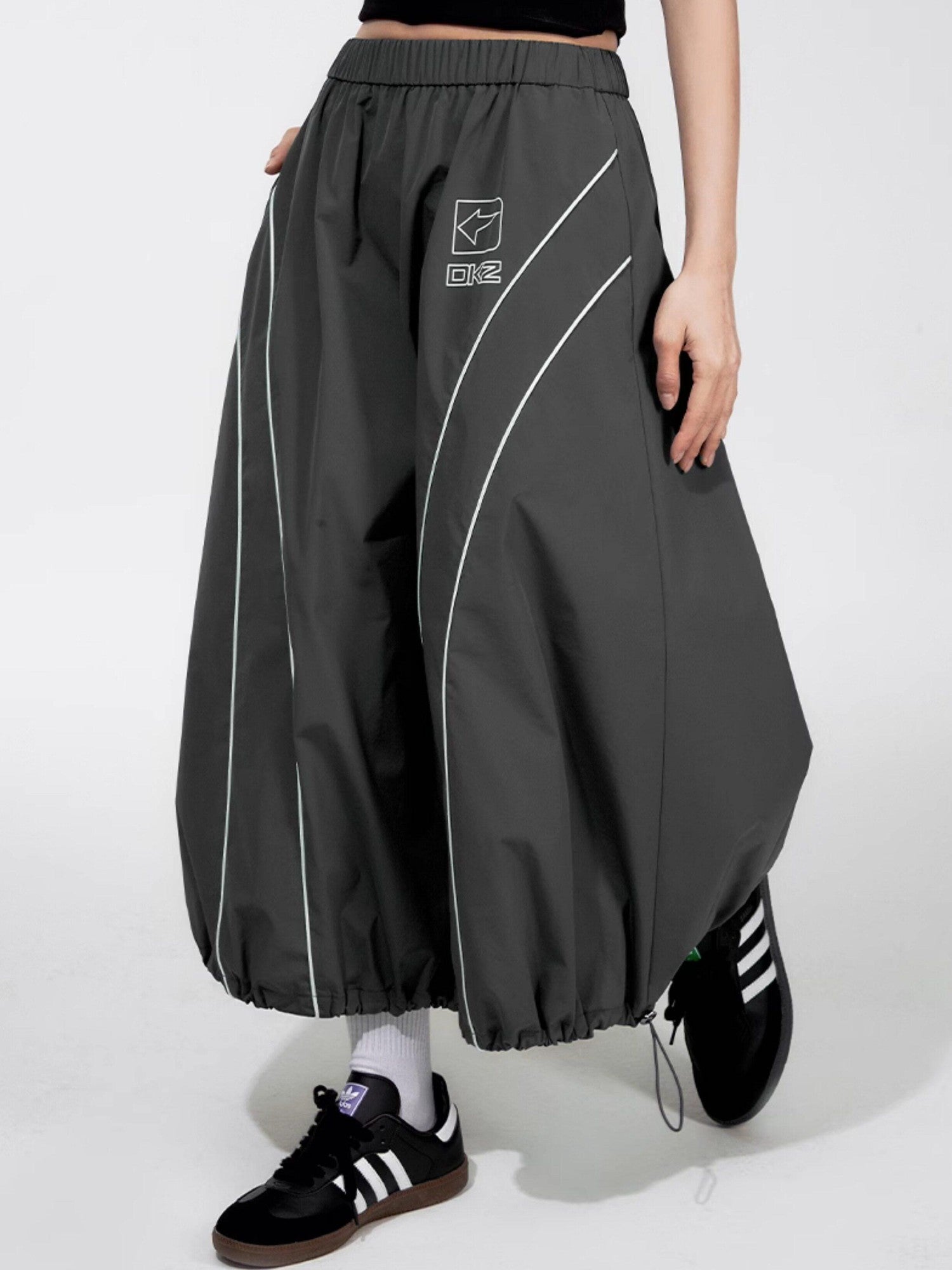 DKZ OFFICIAL Gray Number Print Logo Print Drawstring Hem A Line Women&