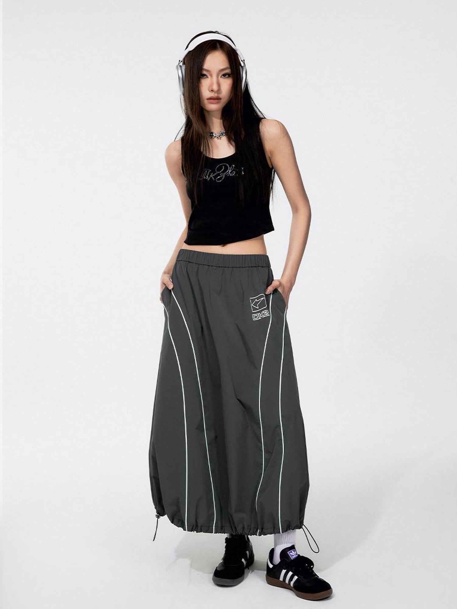 DKZ OFFICIAL Gray Number Print Logo Print Drawstring Hem A Line Women&