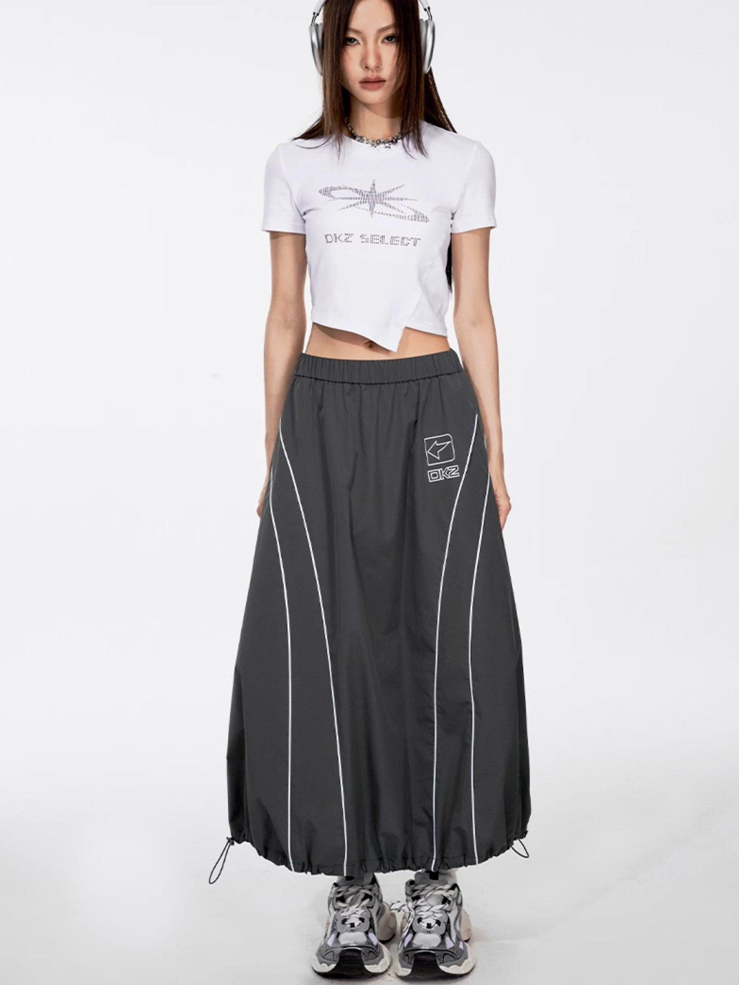 DKZ OFFICIAL Gray Number Print Logo Print Drawstring Hem A Line Women&