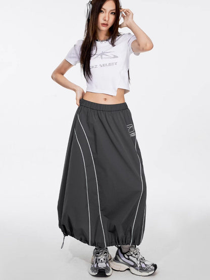 DKZ OFFICIAL Gray Number Print Logo Print Drawstring Hem A Line Women&