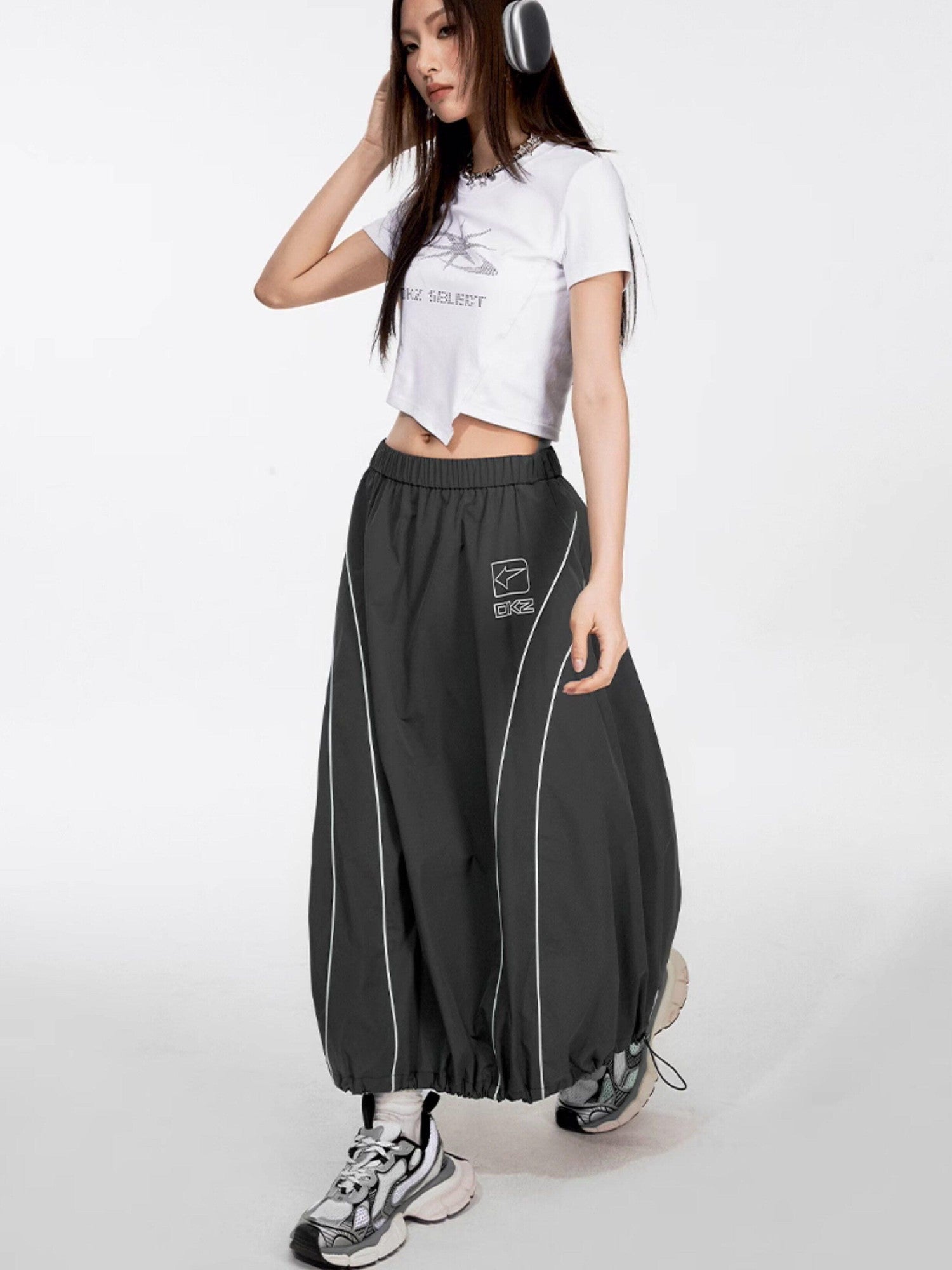 DKZ OFFICIAL Gray Number Print Logo Print Drawstring Hem A Line Women&