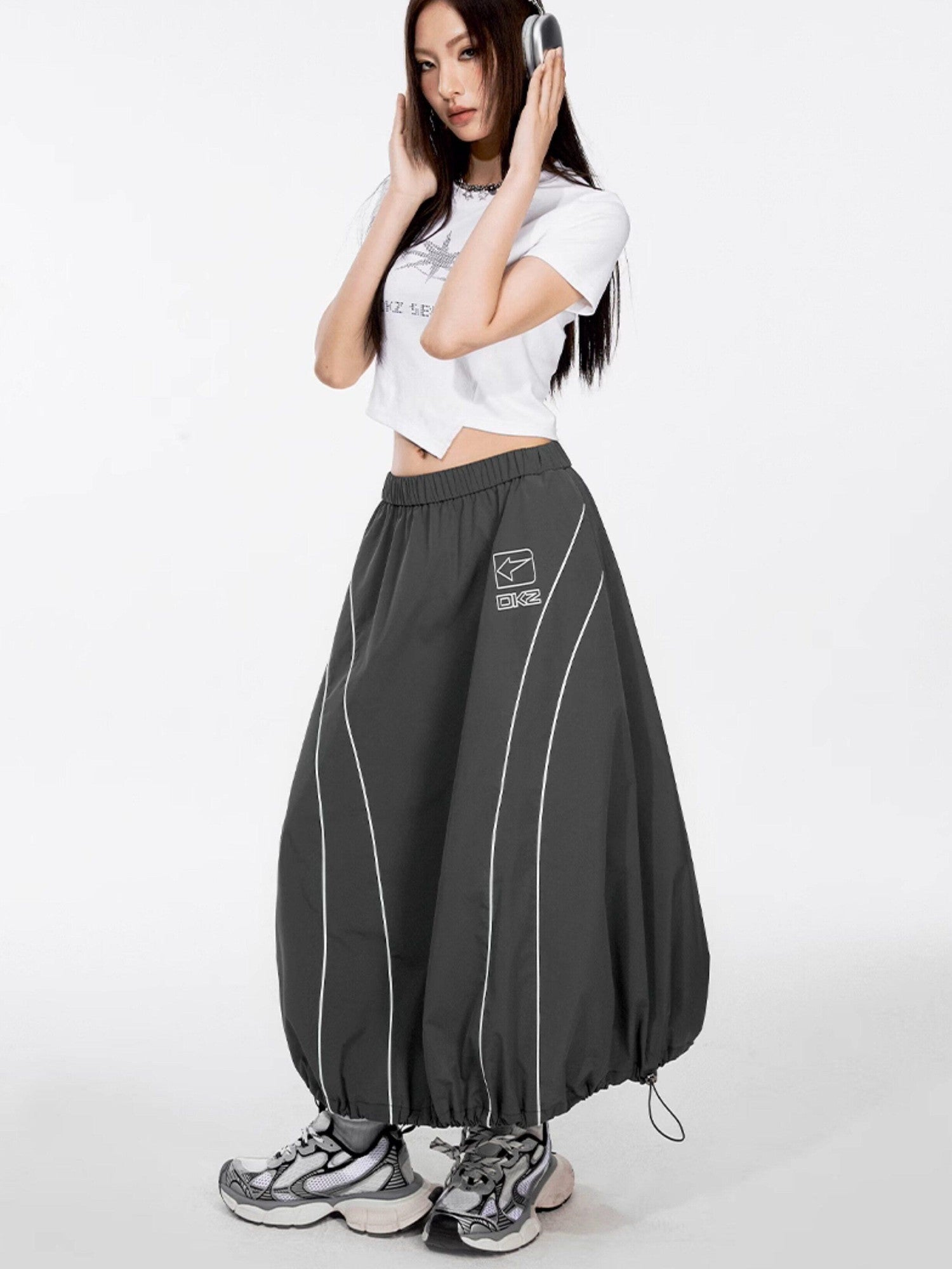 DKZ OFFICIAL Gray Number Print Logo Print Drawstring Hem A Line Women&