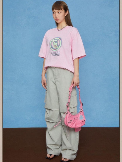 DKZ OFFICIAL Gray Pink Geometric Text Print Women&