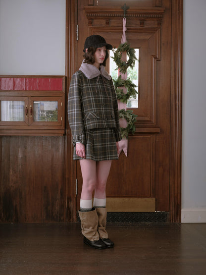 DKZ OFFICIAL Gray Plaid Detachable Fur Collar Pleated Women&