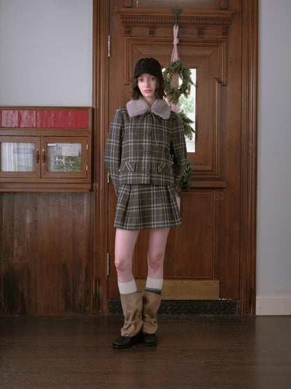 DKZ OFFICIAL Gray Plaid Detachable Fur Collar Pleated Women&
